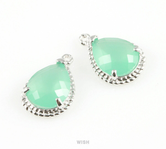 Mint Teardrop Glass Charm in Rhodium, Framed Drop Glass Gem / GMTRH-006-P