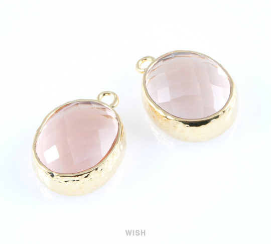 Peach Faceted Glass Charms in Gold, Framed Oval Pendant / GPCG-009-P