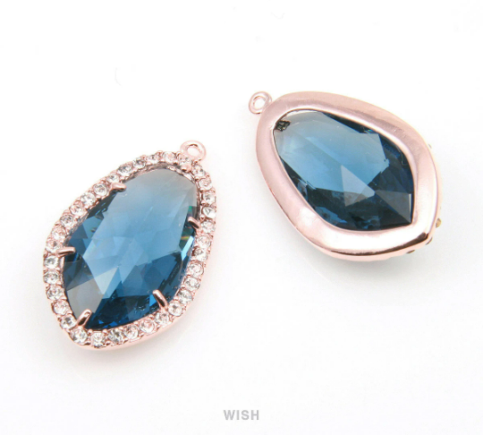 Briolette Montana Blue Glass with Rheinstone in Rose Gold, Framed Gems /GMBRG-043-P