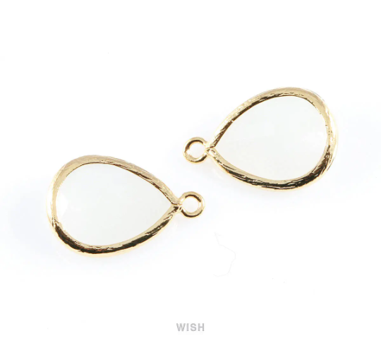 White Alabaster Teardrop Glass Charm in Gold, Framed Drop Glass Gem / GWAG-005-P