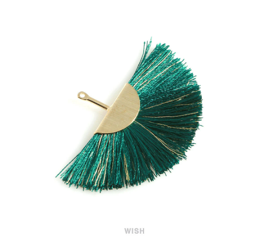 Semicircle Dark Green Gold Thread Tassel in Gold, Semicircular Green Thread Pendant / TDGG-009-T