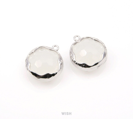 White Alabster Faceted Glass Charms in Rhodium, Framed Round Pendant / GWARH-090-P