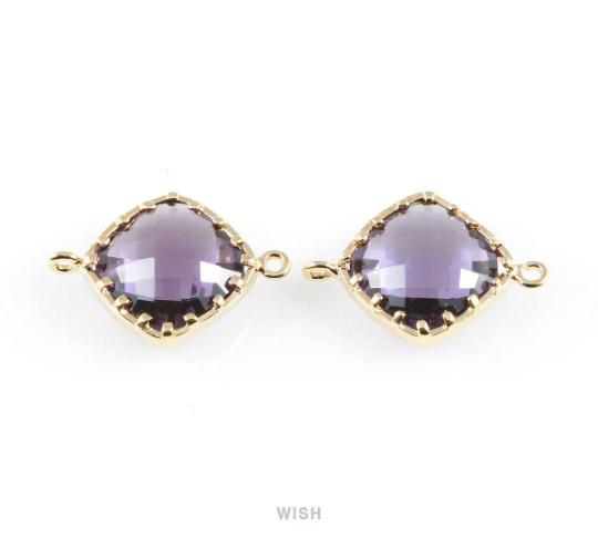 Amethyst Rhombus Glass Connector in Gold, Framed Rhombus Connector / GTZG-023-P