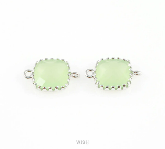 Light Mint Faceted Glass Connector in Rhodium, Framed Square Connector / GLMRH-007-P