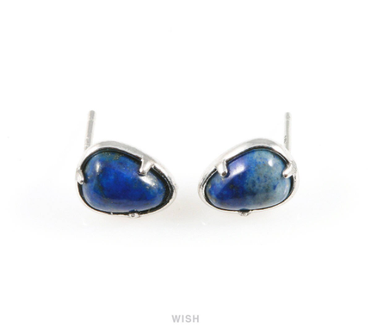 Lapis Lazuli Teardrop Stone Stud Earrings in Rhodium, Gemstone Stud Earrings / SLLRH-068-E