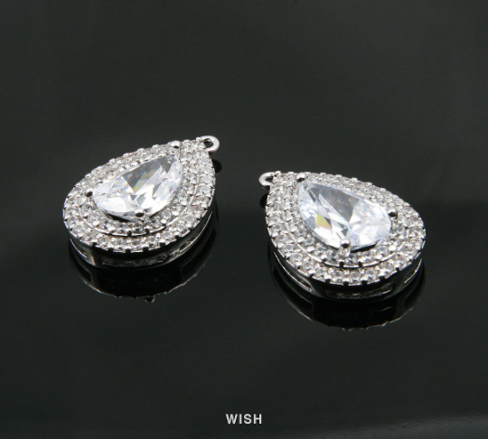 Teardrop Cubic Zirconia Pendants in Rhodium, Sub Rheinstone, Drop Cubic Charm / CRH-049-P