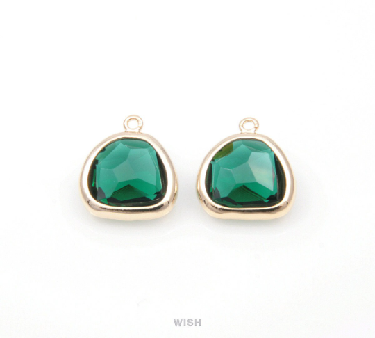 Emerald Pear Glass Charm in Gold, Glass Framed Pendant / GEMG-093-P