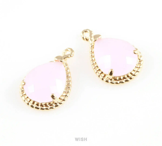 Rose Quartz Teardrop Glass Charm in Gold, Framed Drop Glass Gem/ GRQG-006-P