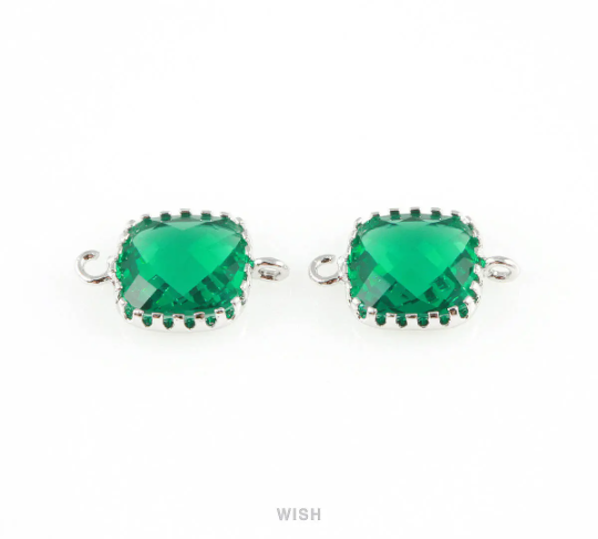 Emerald Faceted Glass Connector in Rhodium, Framed Square Connector / GEMRH-007-P