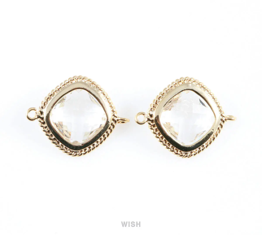 Clear Diamond Shape Connectors in Gold, Framed Diamond Charms / GCLG-033-P