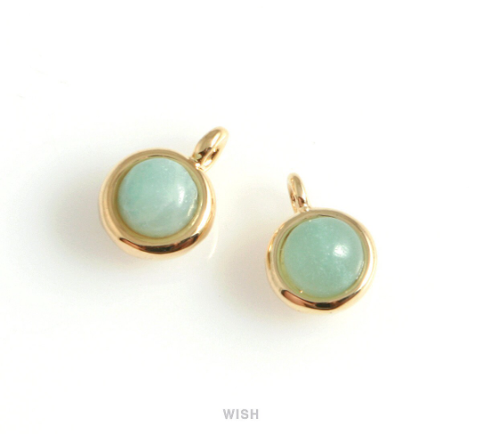 Jade Round Gemstone Charm in Gold, Amazonite Round Gemstone Pendant / SMTG-109-P