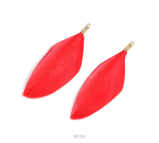 4 Red Genuine Feather with Gold Loop, Feather Charm / FRDG-001-P