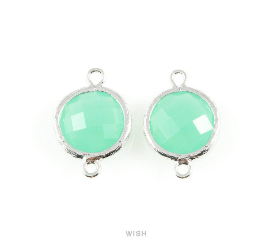 Mint faceted Glass Connector in Rhodium, Framed Round Glass Bead/ GMTRH-014-P