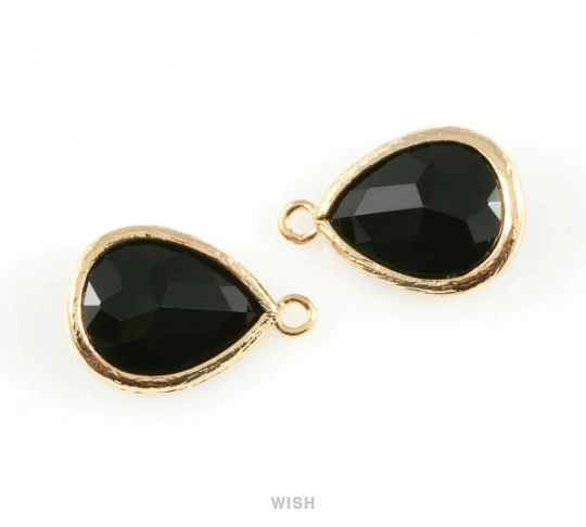 Jet Teardrop Glass Charm in Gold, Framed Drop Glass Gem /GJTG-005-P