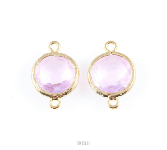 Light Amethyst faceted Glass Connector in Gold, Framed Round Glass Bead/ GLDG-014-P