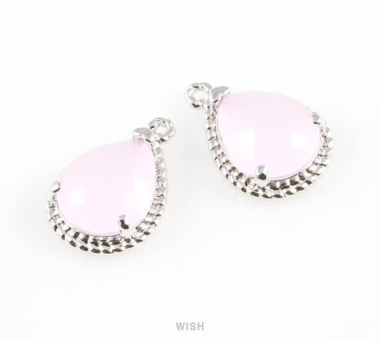 Rose Quartz Teardrop Glass Charm in Rhodium, Framed Drop Glass Gem / GRQRH-006-P