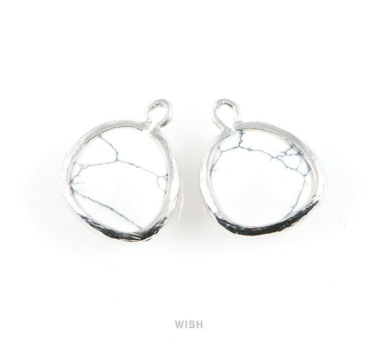 Howlite Faceted Gemstone Charm in Rhodium, Framed Pear Gemstone Pendant / SHTRH-004-P
