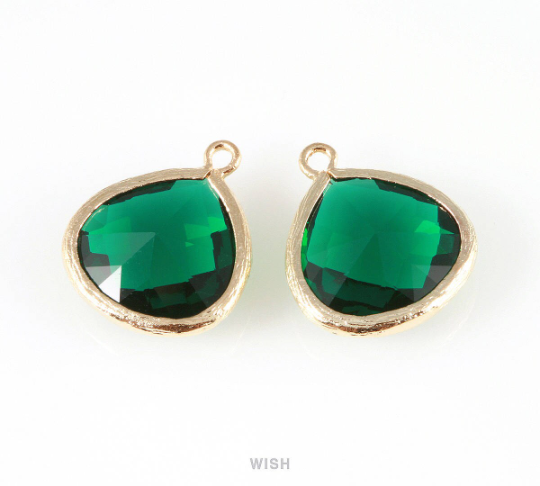 Emerald Faceted Glass Charm in Gold, Framed Drop Glass Bead / GEMG-001-P (Large)