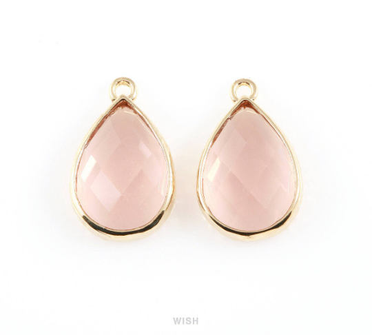 Peach Teardrop Glass Charm in Gold, Framed Drop Glass Gem / GPCG-037-P