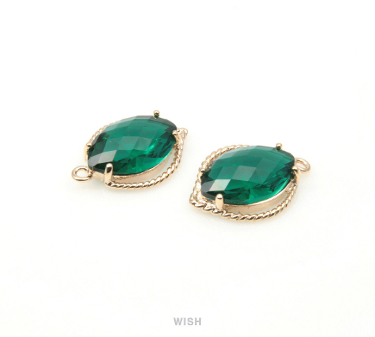 Emerald Marquise Glass Charm in Gold, Framed Drop Glass Gem / GEMG-095-P