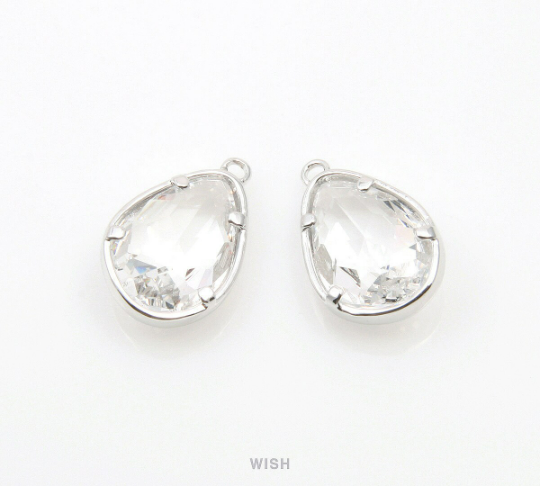 Clear Drop Charm in Rhodium, Crystal Drop Framed Pendant /SCLRH-112-P
