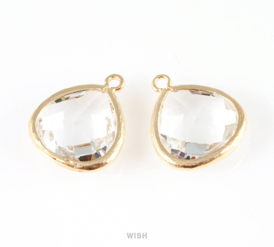 Clear Faceted Glass Charm in Matte Gold, Framed Drop Glass Bead / GCLMG-001-P (Large)
