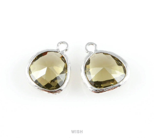 Olivine Faceted Glass Charm in Rhodium, Framed Drop Glass Gem /GOVRH-004-P (Medium)