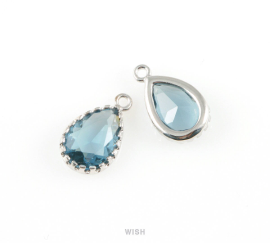 Montan Blue Teardrop Glass Charm in Rhodium, Framed Drop Glass Gem / GMBRH-017-P