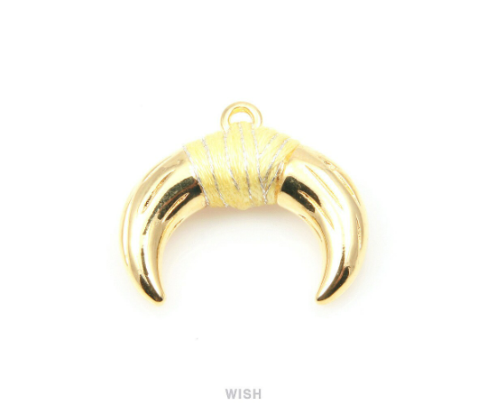 Metal Horn Pendant in Gold with Yellow Strap, 16k Gold Bull's Horn Charm/ MYWG-004-P (Large)