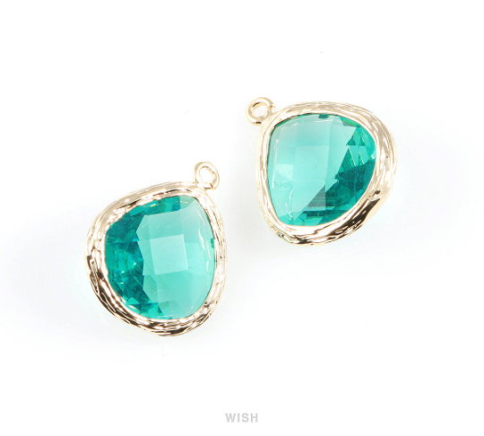 Blue Zircon Faceted Glass Charm in Gold, Framed Pendant / GBZG-036-P