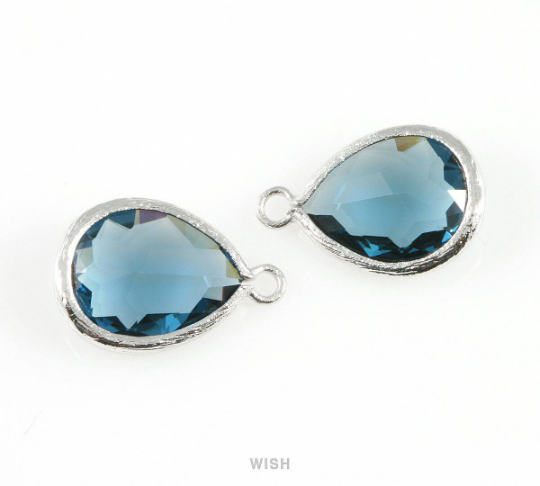 Montana Blue Teardrop Glass Charm in Rhodium, Drop Glass Gem / GMBRH-005-P