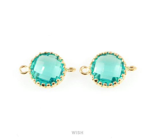 Blue Zircon Faceted Glass Connector in Gold, Framed Round Connector / GBZG-008-P