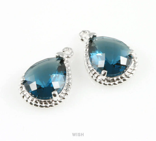 Montana Blue Teardrop Glass Charm in Rhodium, Framed Drop Glass Gem/ GMBRH-006-P