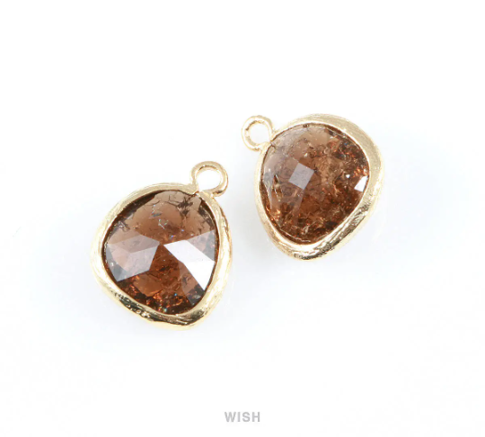 Smokey Quartz Sparkle Glass Charm in Gold, Framed Drop Glass Bead / GSQG-013-P