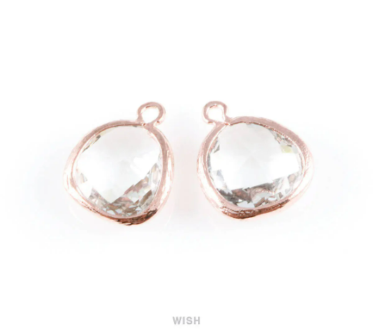 Clear Faceted Glass Charm in Rose Gold, Framed Drop Glass Gem / GCLRG-004-P (Medium)