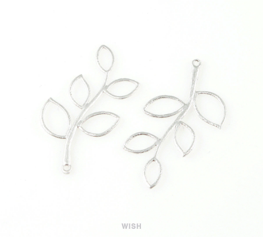 5 Leaf Branch Pendant in Matte Rhodium, Textured Leaves Branch Charm /MMRH-206-P
