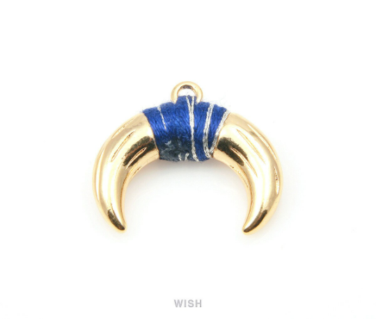 Metal Horn Pendant in Gold with Navy Strap, 16k Gold Bull's Horn Charm/ MNVG-004-P (Large)