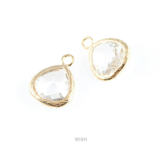 Clear Faceted Glass Charm in Gold, Framed Drop Glass Bead /GCLG-003-P (Small)
