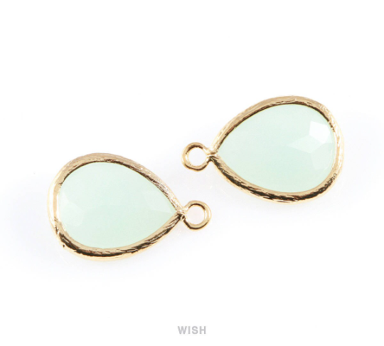 Alice Blue Teardrop Glass Charm in Gold, Framed Drop Glass Gem / GABG-005-P
