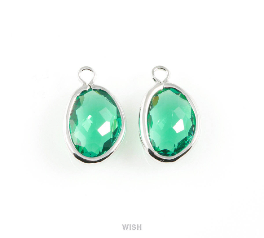 Emerald Pear Glass Charm in Rhodium, Glass Framed Pendant / GEMRH-040-P