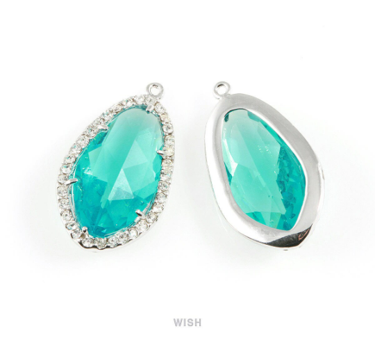 Briolette Blue Zircon Glass with Rheinstone in Rhodium, Frame Pendant /GBZRH-043-P
