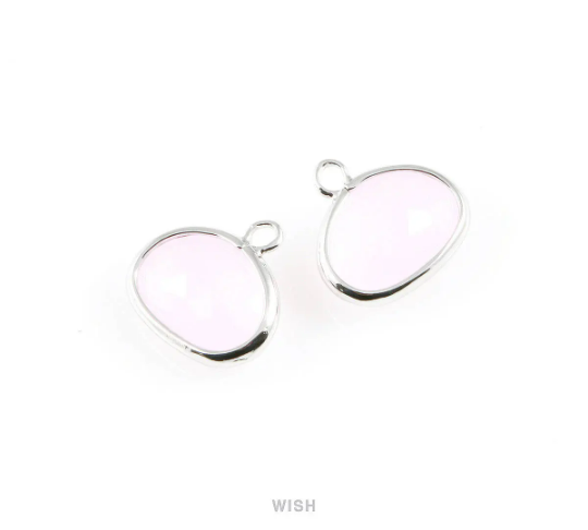 Rose Quartz Oval Glass Charm in Rhodium, Glass Framed Pendant/ GRQRH-039-P