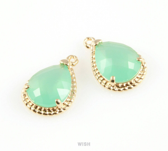 Mint Teardrop Glass Charm in Gold, Framed Drop Glass Gem / GMTG-006-P