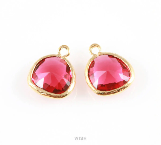 Ruby Faceted Glass Charm in Gold, Framed Drop Glass Gem / GRBG-004-P