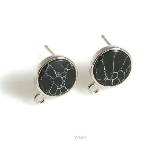 Black Marble Round Stone Stud Earrings in Rhodium, Gemstone Stud Earrings / SBMRH-058-E