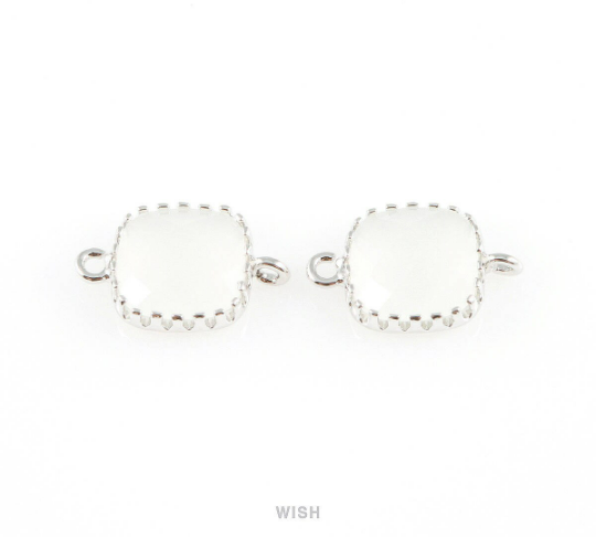 White Alabaster Faceted Glass Connector in Rhodium, Framed Square Connector/ GWARH-007-P