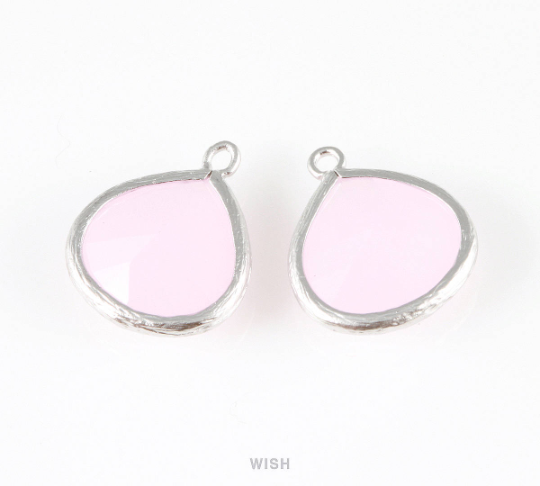 Rose Quartz Faceted Glass Charm in Matte Rhodium, Framed Glass Bead / GRQMRH-001-P (Large)