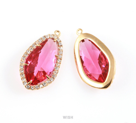 Briolette Ruby Glass with Rheinstone in Gold, Framed Gem Pendant / GRBG-043-P