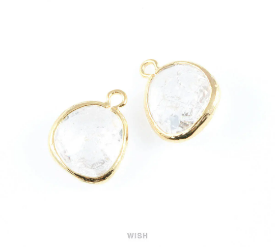 Clear Sparkle Glass Charm in Gold, Framed Drop Glass Bead / GCLG-013-P