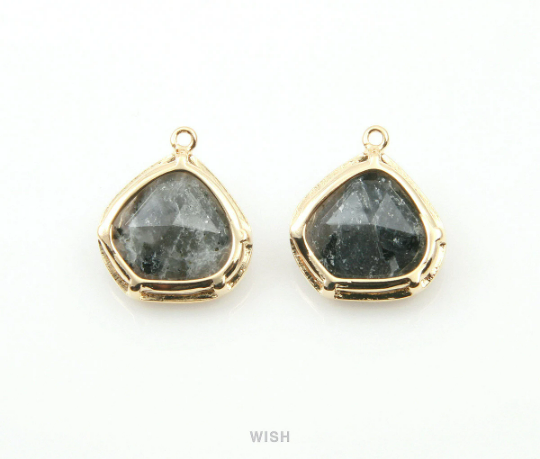 Black Marble Faceted Gemstone Charm in Gold, Framed Pear Gemstone Pendant / SBMG-084-P